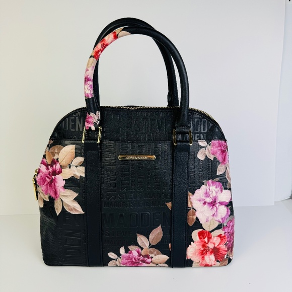 Steve Madden Handbags - Steve Madden Black Floral Double Handle Shoulder Bag Satchel Zip Top Handbag